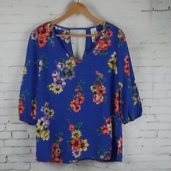 PINK OWL BLUE FLORAL V NECK 1/2 SLEEVE CUT OUT BACK TOP SIZE SMALL - Picture 1 of 9